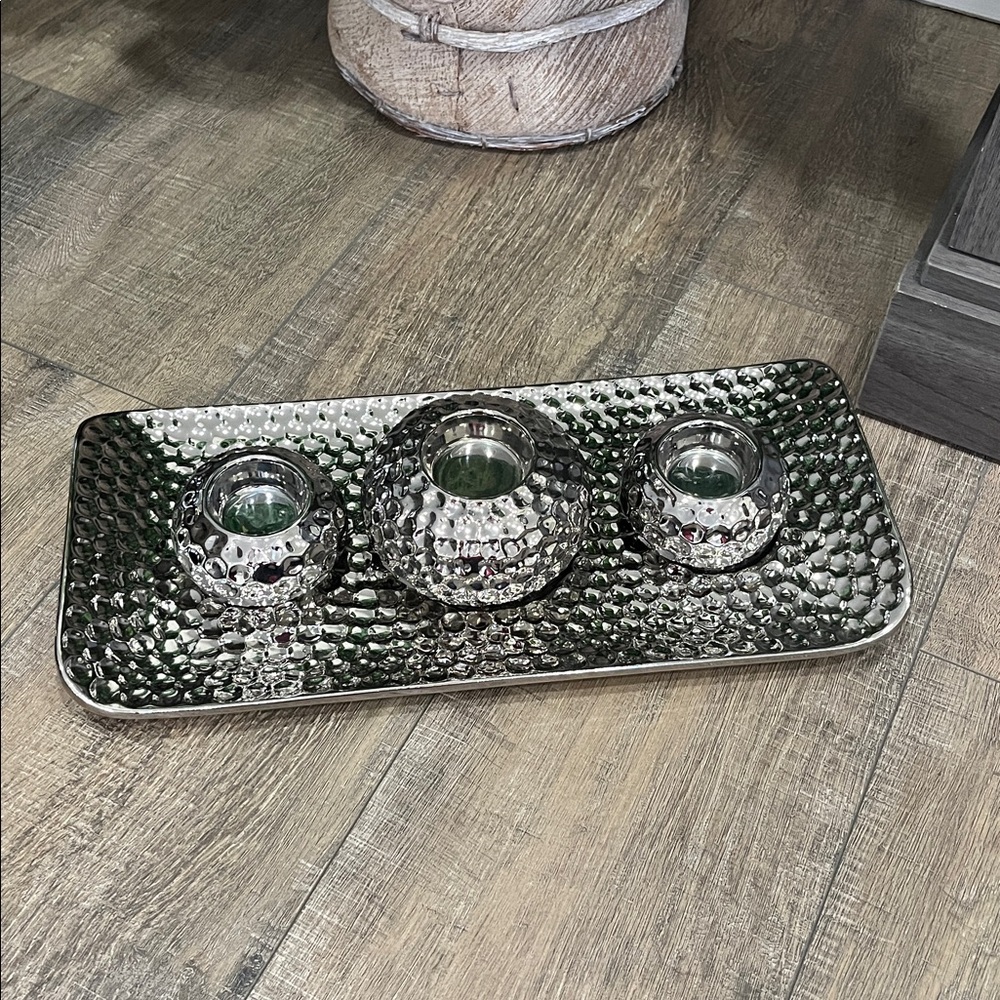 Silver Ceramic Tray with 3 Candle Holders  EUC Like New